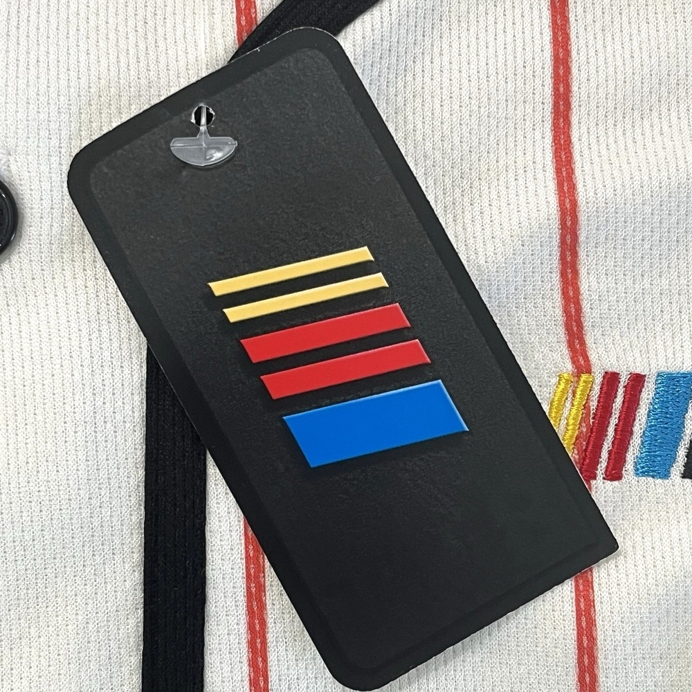 NWT Men's NASCAR Cup Series Baseball Jersey Medium White Red Pinstripe Button Up - Picture 10 of 13